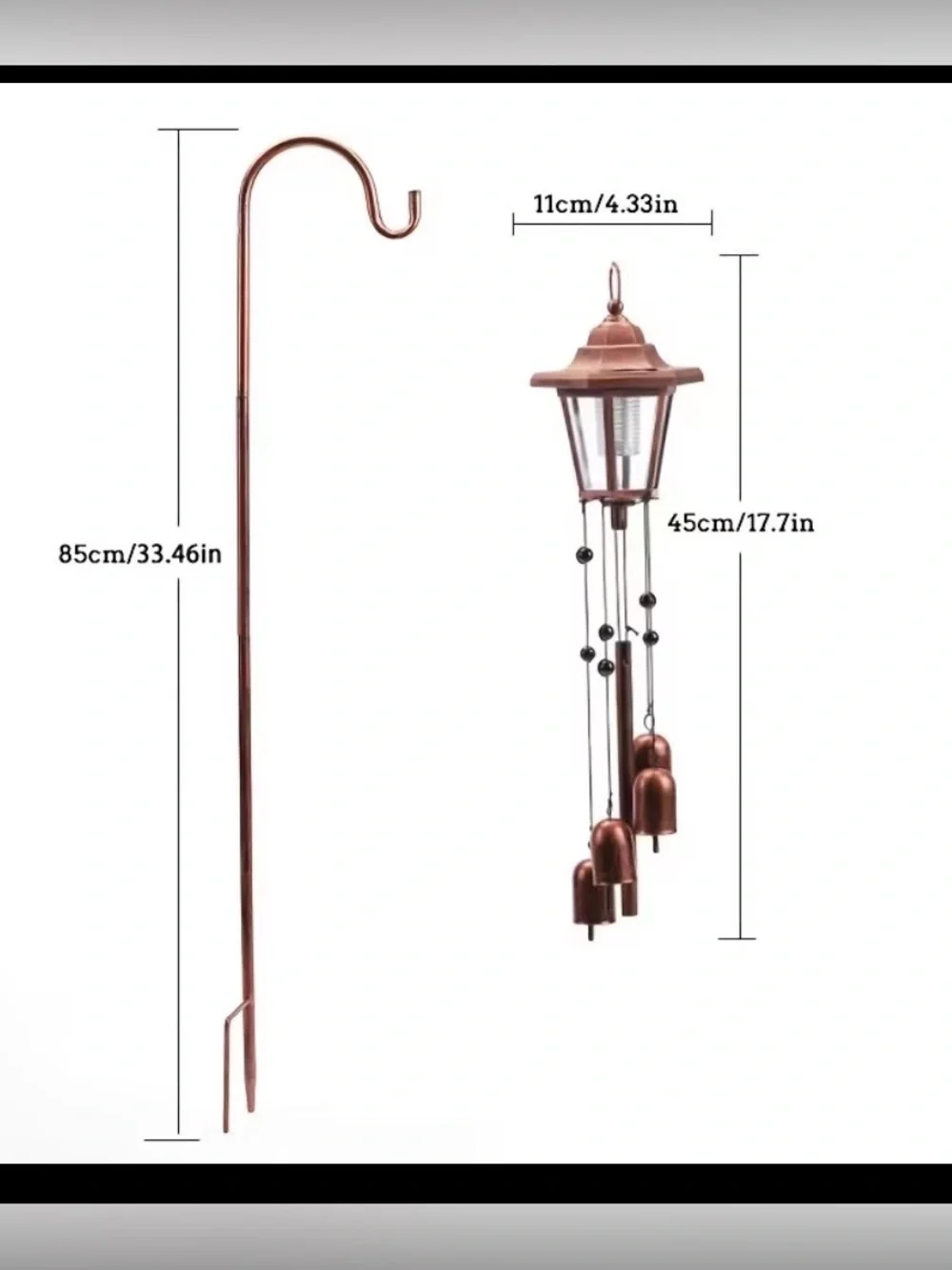 Outdoor Solar Powered Copper Wind Chime Lantern New In Box With Hook